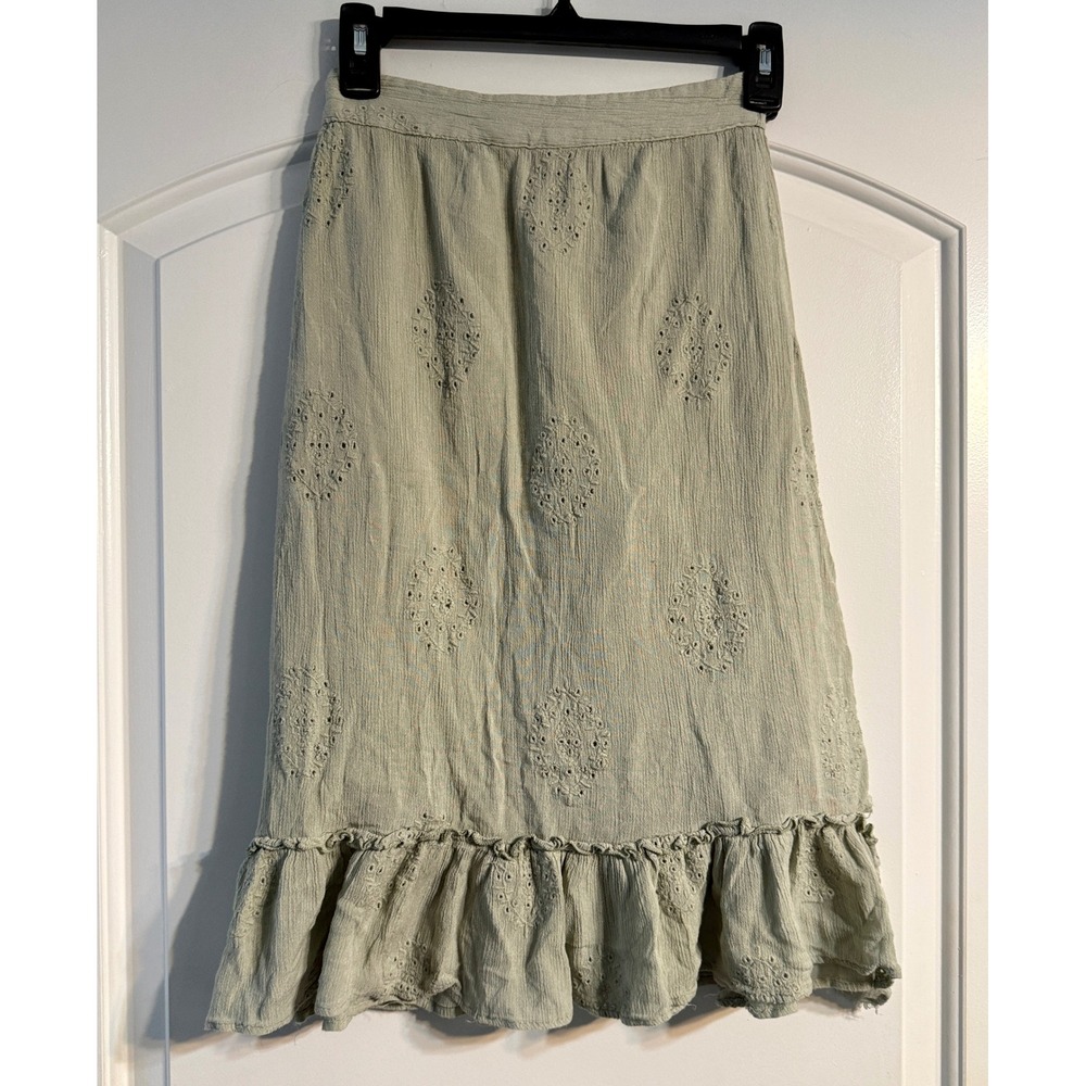 Sim & Sam Eyelet Ruffle Midiβ Skirt Womens XS Green Boho Embroidery